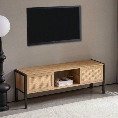 54.33 Rattan TV cabinet with variable color light strip, double sliding doors storage, adjustable shelf, metal, TV console living room, natural