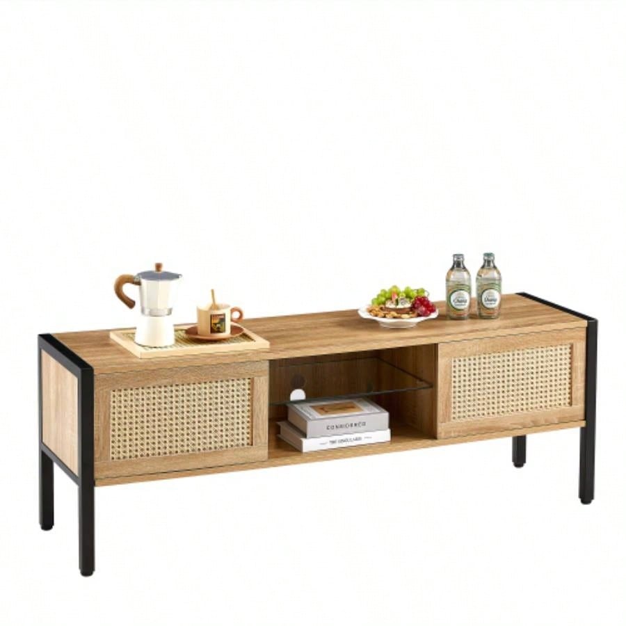 54.33 Rattan TV cabinet with variable color light strip, double sliding doors storage, adjustable shelf, metal, TV console living room, natural