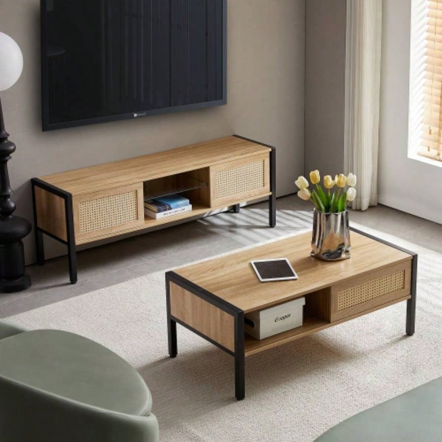 54.33 Rattan TV cabinet with variable color light strip, double sliding doors storage, adjustable shelf, metal, TV console living room, natural