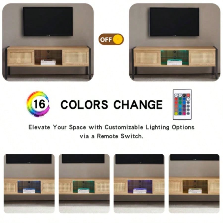 54.33 Rattan TV cabinet with variable color light strip, double sliding doors storage, adjustable shelf, metal, TV console living room, natural
