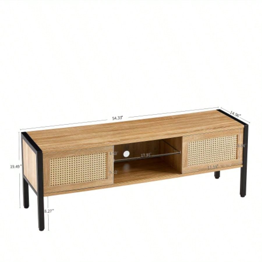 54.33 Rattan TV cabinet with variable color light strip, double sliding doors storage, adjustable shelf, metal, TV console living room, natural
