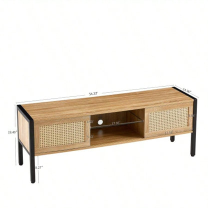 54.33 Rattan TV cabinet with variable color light strip, double sliding doors storage, adjustable shelf, metal, TV console living room, natural