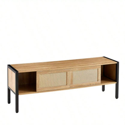 54.33 Rattan TV cabinet with variable color light strip, double sliding doors storage, adjustable shelf, metal, TV console living room, natural