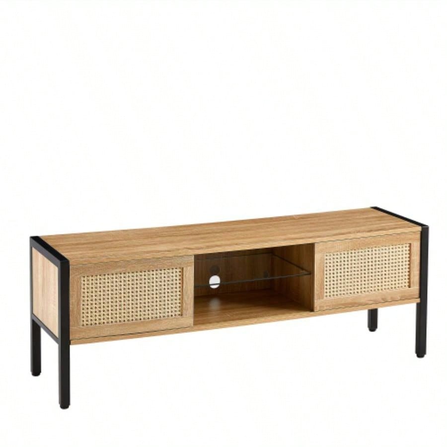 54.33 Rattan TV cabinet with variable color light strip, double sliding doors storage, adjustable shelf, metal, TV console living room, natural