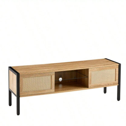 54.33 Rattan TV cabinet with variable color light strip, double sliding doors storage, adjustable shelf, metal, TV console living room, natural