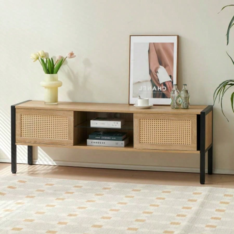54.33 Rattan TV cabinet with variable color light strip, double sliding doors storage, adjustable shelf, metal, TV console living room, natural