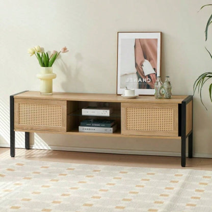 54.33 Rattan TV cabinet with variable color light strip, double sliding doors storage, adjustable shelf, metal, TV console living room, natural