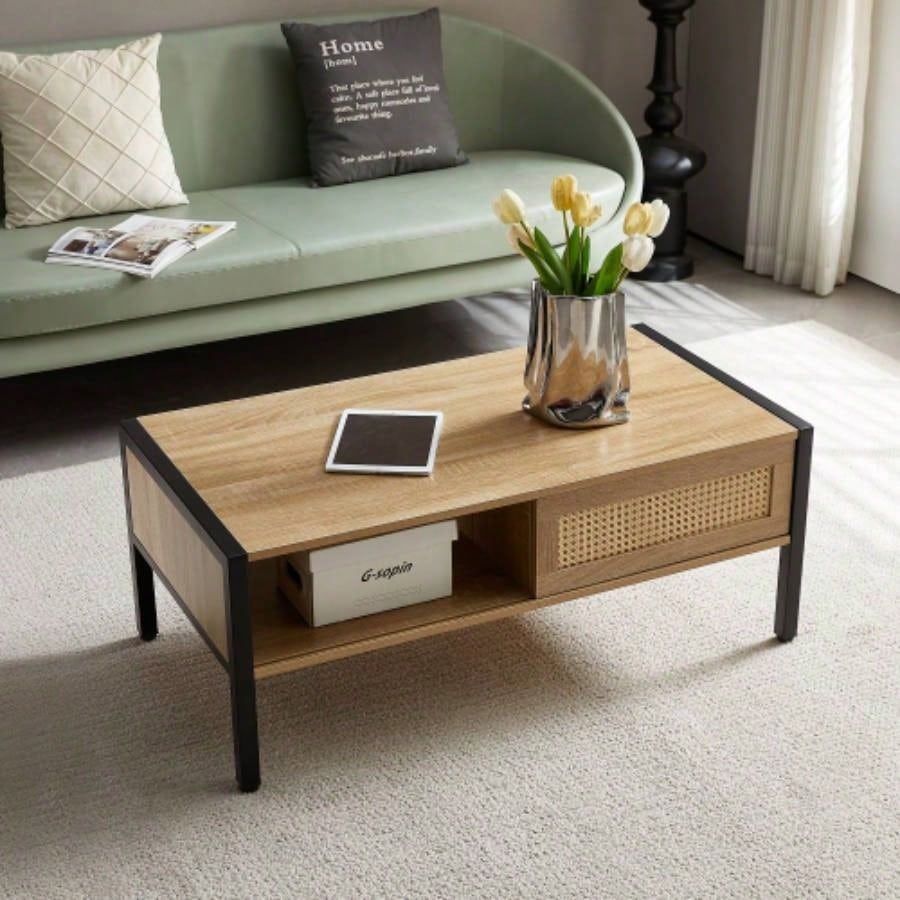 54.33 Rattan TV cabinet with variable color light strip, double sliding doors storage, adjustable shelf, metal, TV console living room, natural