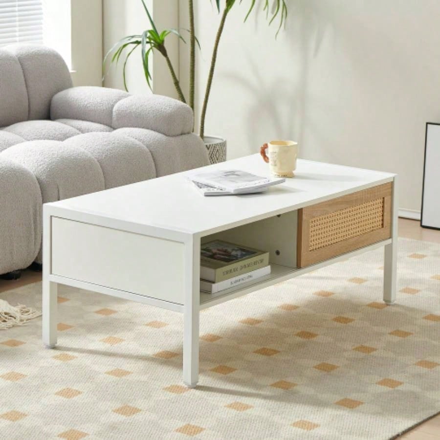 54.33 Rattan TV cabinet with variable color light strip, double sliding doors storage, adjustable shelf, metal, TV console living room, natural