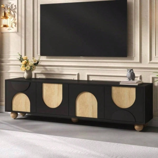 Farmhouse TV Stand with Holes TVs up to 75 Style Media Console with Rebound Device, Elegant Entertainment Center with 5 Solid Wood Living Room, Bedroom, Black, 69.6