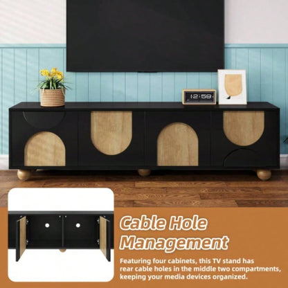 Farmhouse TV Stand with Holes TVs up to 75 Style Media Console with Rebound Device, Elegant Entertainment Center with 5 Solid Wood Living Room, Bedroom, Black, 69.6