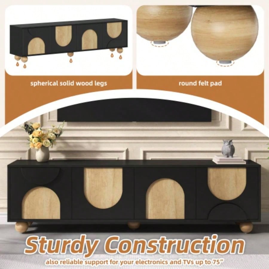 Farmhouse TV Stand with Holes TVs up to 75 Style Media Console with Rebound Device, Elegant Entertainment Center with 5 Solid Wood Living Room, Bedroom, Black, 69.6