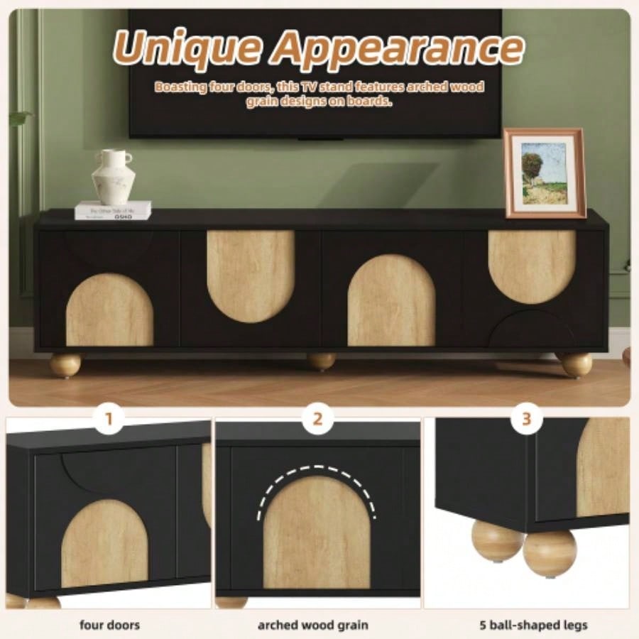 Farmhouse TV Stand with Holes TVs up to 75 Style Media Console with Rebound Device, Elegant Entertainment Center with 5 Solid Wood Living Room, Bedroom, Black, 69.6
