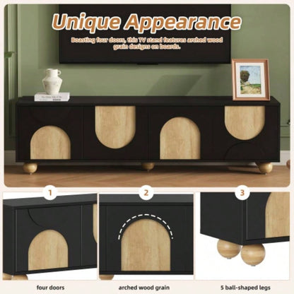 Farmhouse TV Stand with Holes TVs up to 75 Style Media Console with Rebound Device, Elegant Entertainment Center with 5 Solid Wood Living Room, Bedroom, Black, 69.6