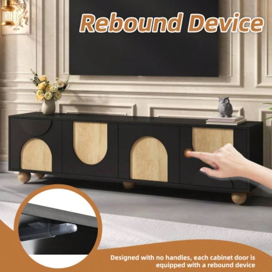 Farmhouse TV Stand with Holes TVs up to 75 Style Media Console with Rebound Device, Elegant Entertainment Center with 5 Solid Wood Living Room, Bedroom, Black, 69.6