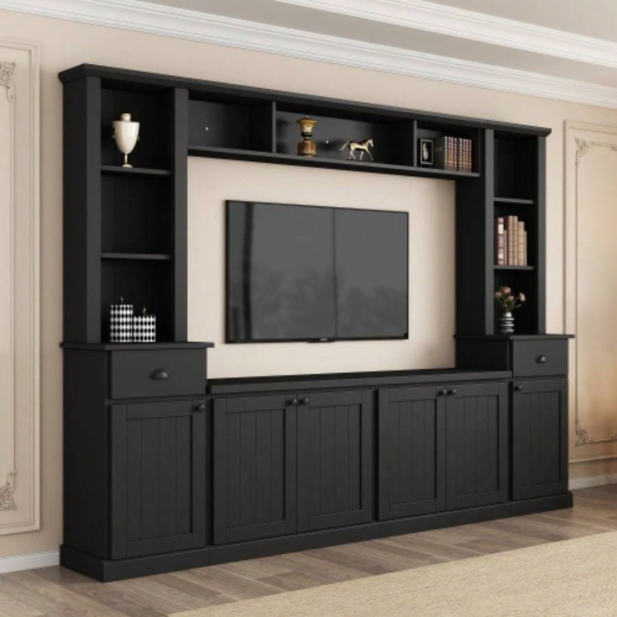 ON - TREND Minimalist Entertainment Wall Unit Set with Bridge TVs Up to 75 Ample Storage Space TV Stand with Adjustable Shelves, Modernist Large Media Console Living Room, Black