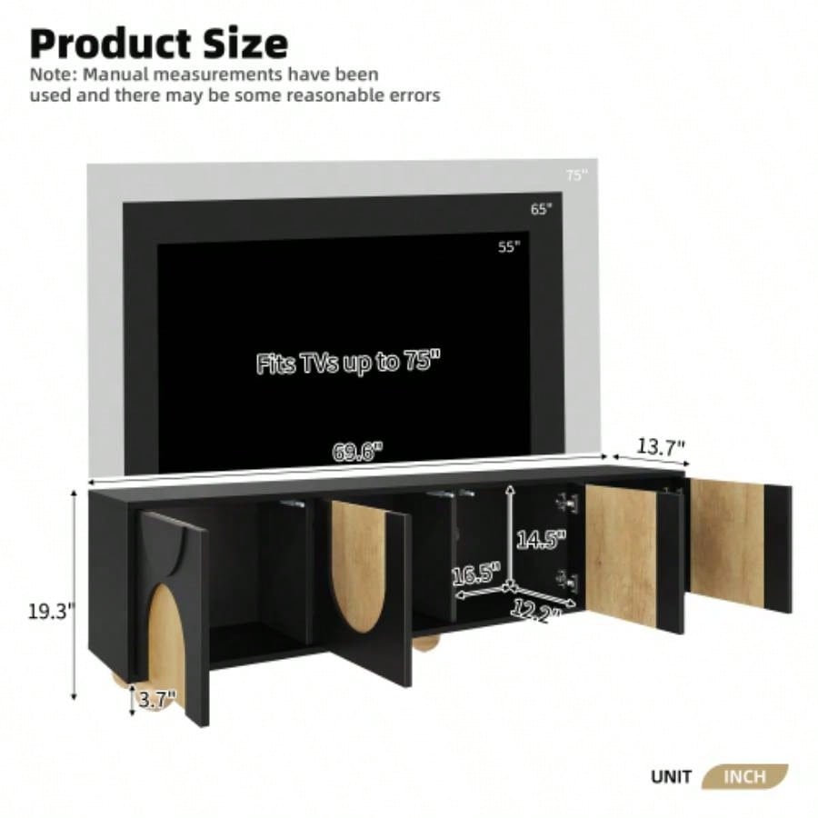 Farmhouse TV Stand with Holes TVs up to 75 Style Media Console with Rebound Device, Elegant Entertainment Center with 5 Solid Wood Living Room, Bedroom, Black, 69.6
