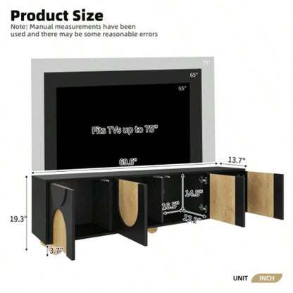 Farmhouse TV Stand with Holes TVs up to 75 Style Media Console with Rebound Device, Elegant Entertainment Center with 5 Solid Wood Living Room, Bedroom, Black, 69.6
