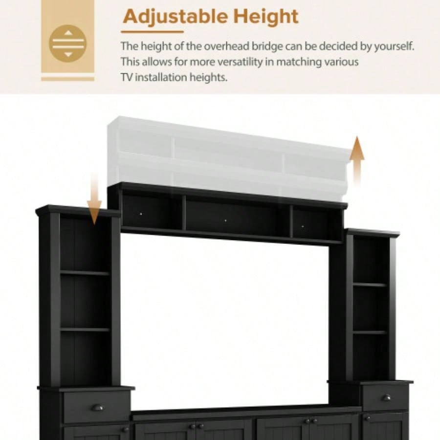 ON - TREND Minimalist Entertainment Wall Unit Set with Bridge TVs Up to 75 Ample Storage Space TV Stand with Adjustable Shelves, Modernist Large Media Console Living Room, Black
