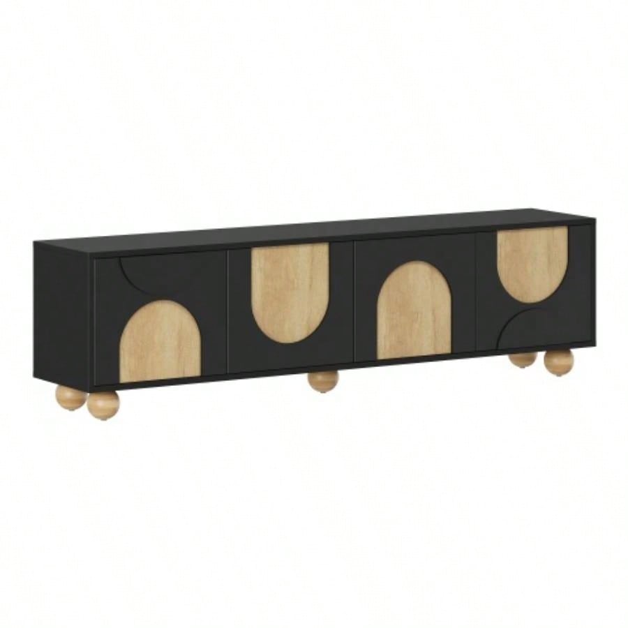 Farmhouse TV Stand with Holes TVs up to 75 Style Media Console with Rebound Device, Elegant Entertainment Center with 5 Solid Wood Living Room, Bedroom, Black, 69.6