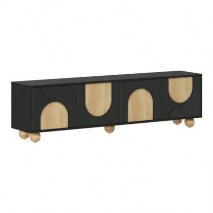 Farmhouse TV Stand with Holes TVs up to 75 Style Media Console with Rebound Device, Elegant Entertainment Center with 5 Solid Wood Living Room, Bedroom, Black, 69.6