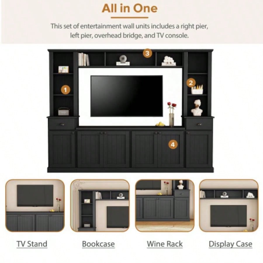 ON - TREND Minimalist Entertainment Wall Unit Set with Bridge TVs Up to 75 Ample Storage Space TV Stand with Adjustable Shelves, Modernist Large Media Console Living Room, Black