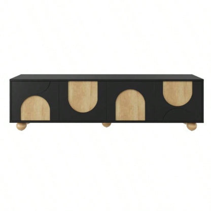 Farmhouse TV Stand with Holes TVs up to 75 Style Media Console with Rebound Device, Elegant Entertainment Center with 5 Solid Wood Living Room, Bedroom, Black, 69.6