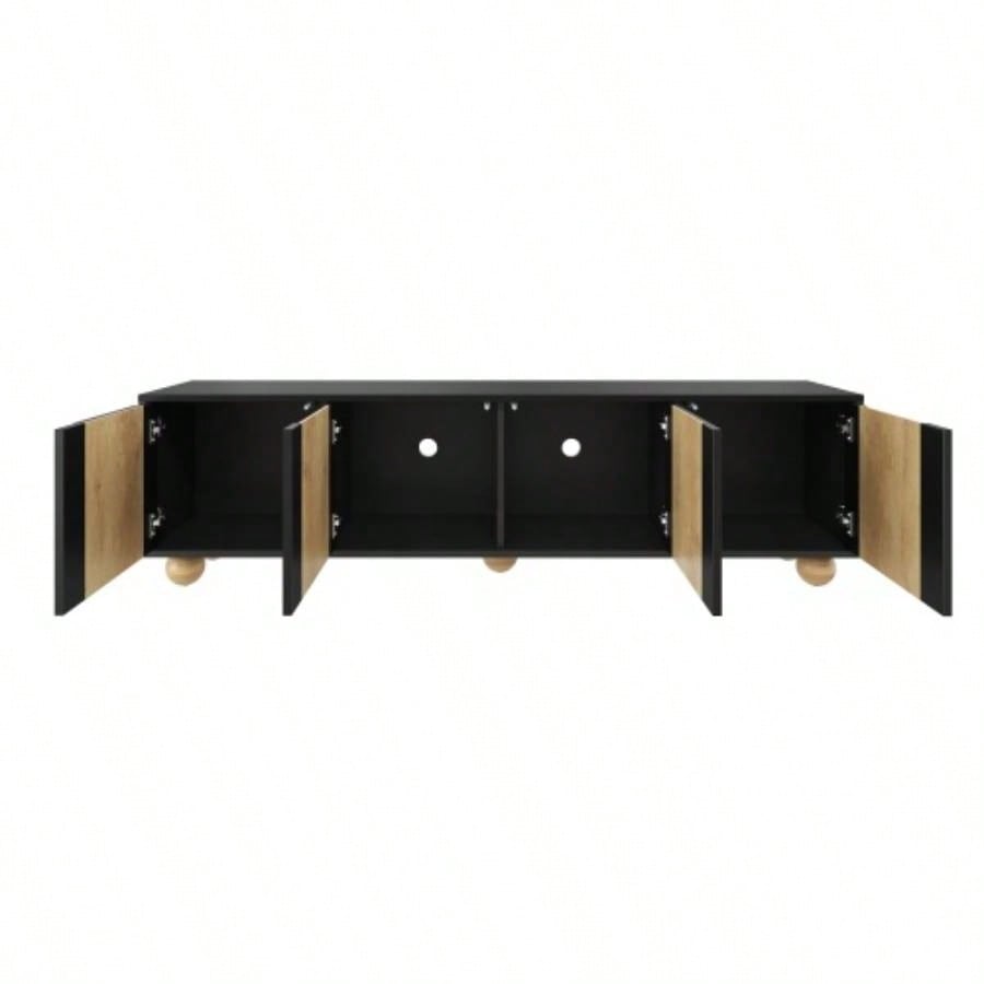 Farmhouse TV Stand with Holes TVs up to 75 Style Media Console with Rebound Device, Elegant Entertainment Center with 5 Solid Wood Living Room, Bedroom, Black, 69.6