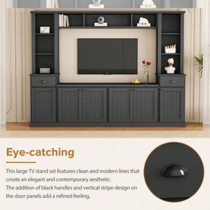ON - TREND Minimalist Entertainment Wall Unit Set with Bridge TVs Up to 75 Ample Storage Space TV Stand with Adjustable Shelves, Modernist Large Media Console Living Room, Black