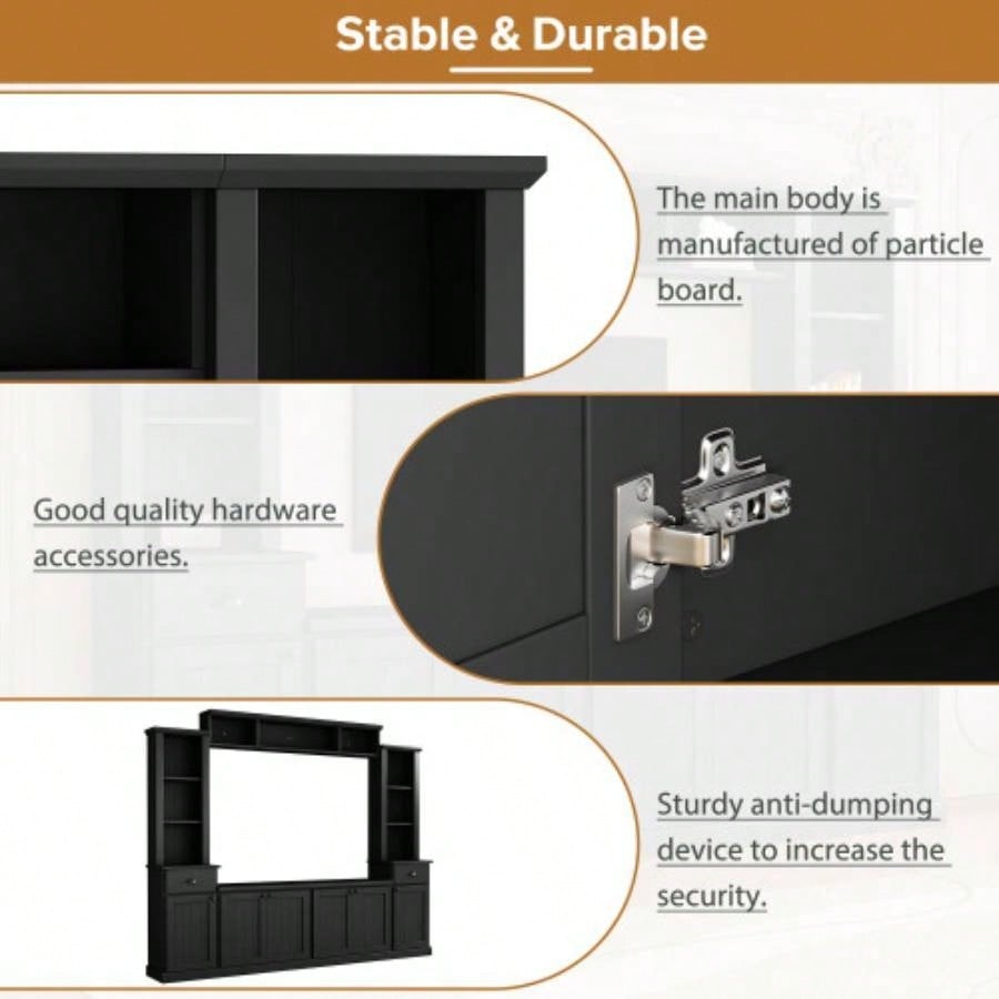 ON - TREND Minimalist Entertainment Wall Unit Set with Bridge TVs Up to 75 Ample Storage Space TV Stand with Adjustable Shelves, Modernist Large Media Console Living Room, Black