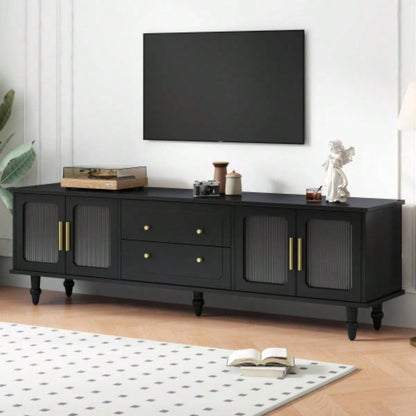 Farmhouse TV Stand with Holes TVs up to 75 Style Media Console with Rebound Device, Elegant Entertainment Center with 5 Solid Wood Living Room, Bedroom, Black, 69.6