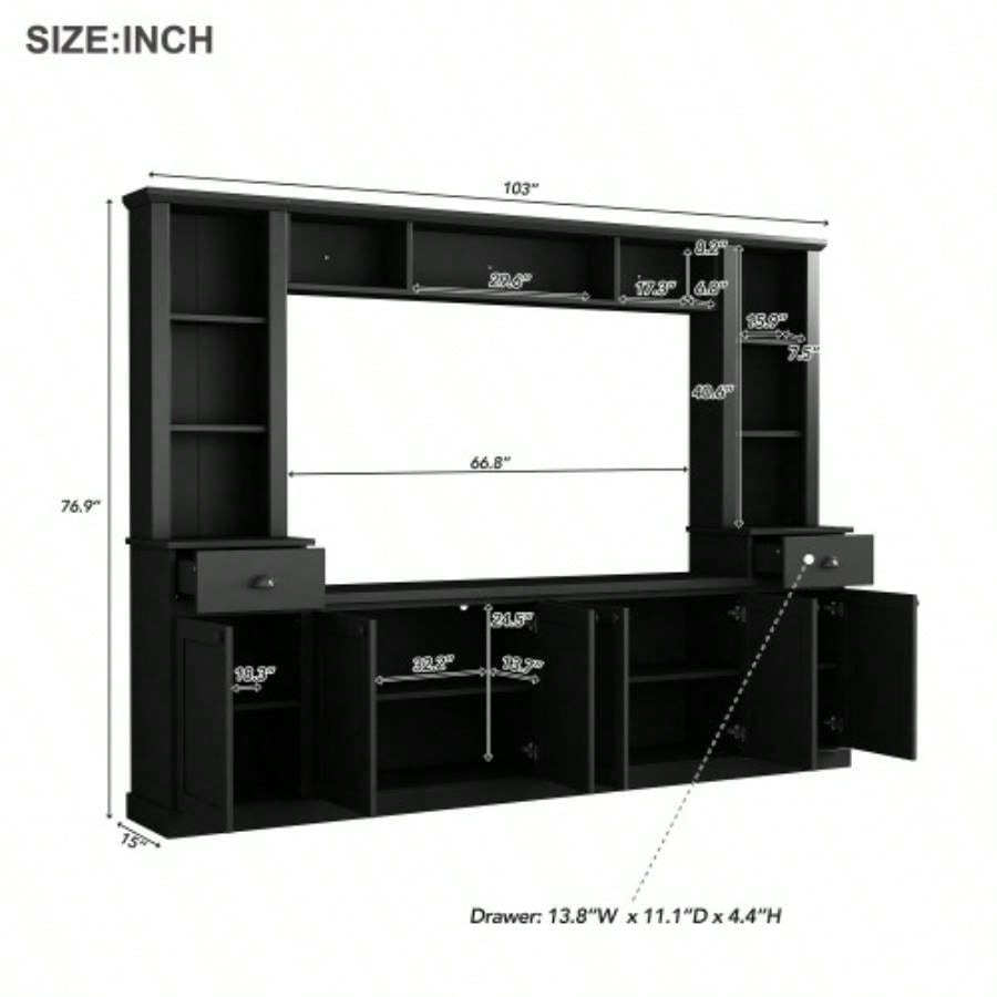 ON - TREND Minimalist Entertainment Wall Unit Set with Bridge TVs Up to 75 Ample Storage Space TV Stand with Adjustable Shelves, Modernist Large Media Console Living Room, Black