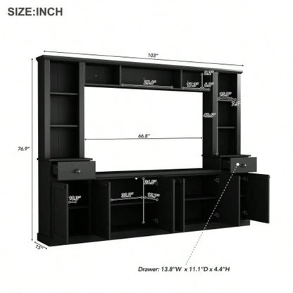 ON - TREND Minimalist Entertainment Wall Unit Set with Bridge TVs Up to 75 Ample Storage Space TV Stand with Adjustable Shelves, Modernist Large Media Console Living Room, Black