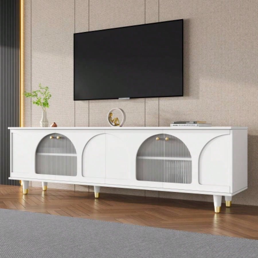 Farmhouse TV Stand with Holes TVs up to 75 Style Media Console with Rebound Device, Elegant Entertainment Center with 5 Solid Wood Living Room, Bedroom, Black, 69.6