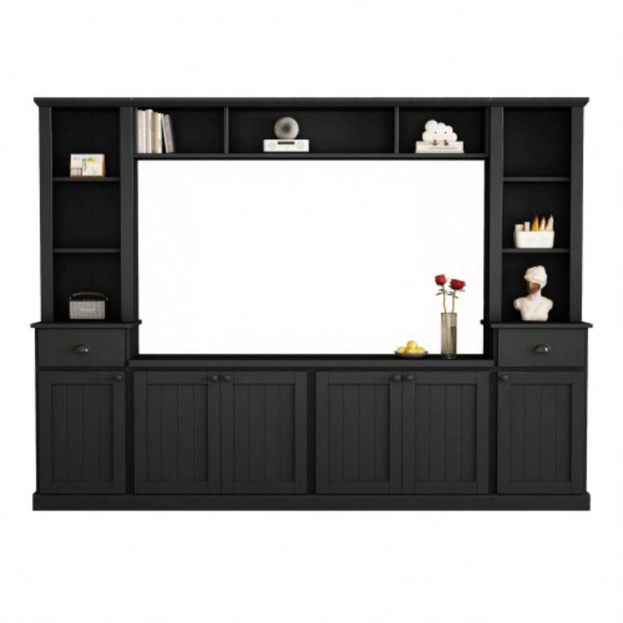 ON - TREND Minimalist Entertainment Wall Unit Set with Bridge TVs Up to 75 Ample Storage Space TV Stand with Adjustable Shelves, Modernist Large Media Console Living Room, Black