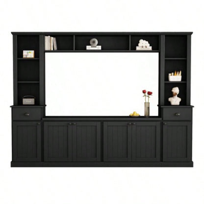 ON - TREND Minimalist Entertainment Wall Unit Set with Bridge TVs Up to 75 Ample Storage Space TV Stand with Adjustable Shelves, Modernist Large Media Console Living Room, Black