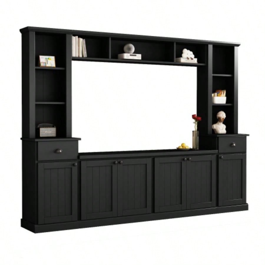 ON - TREND Minimalist Entertainment Wall Unit Set with Bridge TVs Up to 75 Ample Storage Space TV Stand with Adjustable Shelves, Modernist Large Media Console Living Room, Black