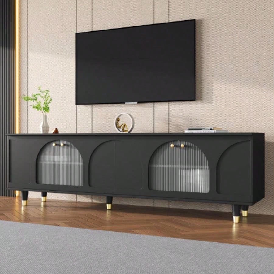Farmhouse TV Stand with Holes TVs up to 75 Style Media Console with Rebound Device, Elegant Entertainment Center with 5 Solid Wood Living Room, Bedroom, Black, 69.6