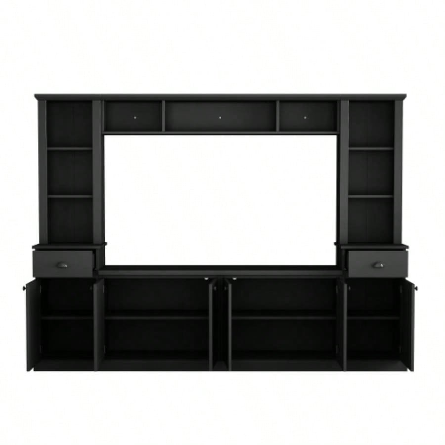 ON - TREND Minimalist Entertainment Wall Unit Set with Bridge TVs Up to 75 Ample Storage Space TV Stand with Adjustable Shelves, Modernist Large Media Console Living Room, Black