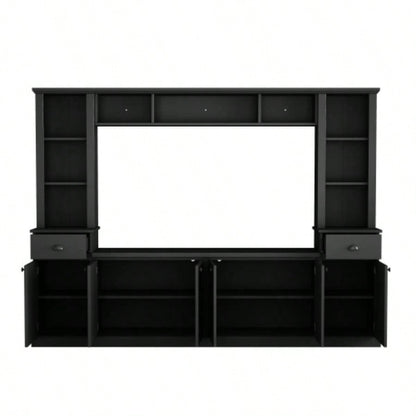 ON - TREND Minimalist Entertainment Wall Unit Set with Bridge TVs Up to 75 Ample Storage Space TV Stand with Adjustable Shelves, Modernist Large Media Console Living Room, Black