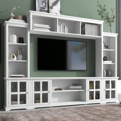 ON - TREND Minimalist Entertainment Wall Unit Set with Bridge TVs Up to 75 Ample Storage Space TV Stand with Adjustable Shelves, Modernist Large Media Console Living Room, Black