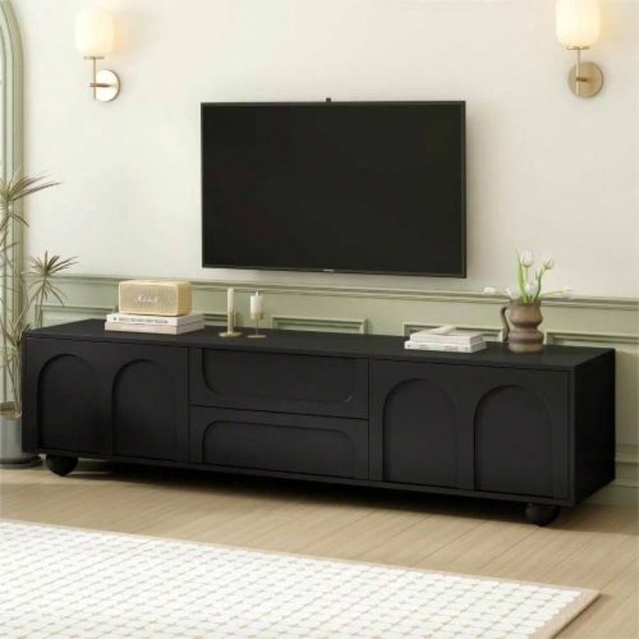 Farmhouse TV Stand with Holes TVs up to 75 Style Media Console with Rebound Device, Elegant Entertainment Center with 5 Solid Wood Living Room, Bedroom, Black, 69.6