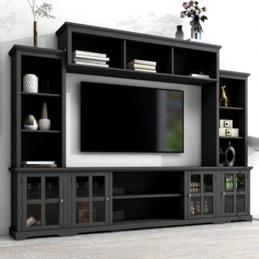 ON - TREND Minimalist Entertainment Wall Unit Set with Bridge TVs Up to 75 Ample Storage Space TV Stand with Adjustable Shelves, Modernist Large Media Console Living Room, Black