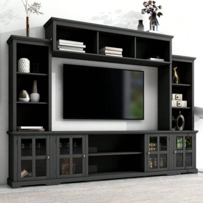 ON - TREND Minimalist Entertainment Wall Unit Set with Bridge TVs Up to 75 Ample Storage Space TV Stand with Adjustable Shelves, Modernist Large Media Console Living Room, Black