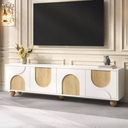 Farmhouse TV Stand with Holes TVs up to 75 Style Media Console with Rebound Device, Elegant Entertainment Center with 5 Solid Wood Living Room, Bedroom, Black, 69.6