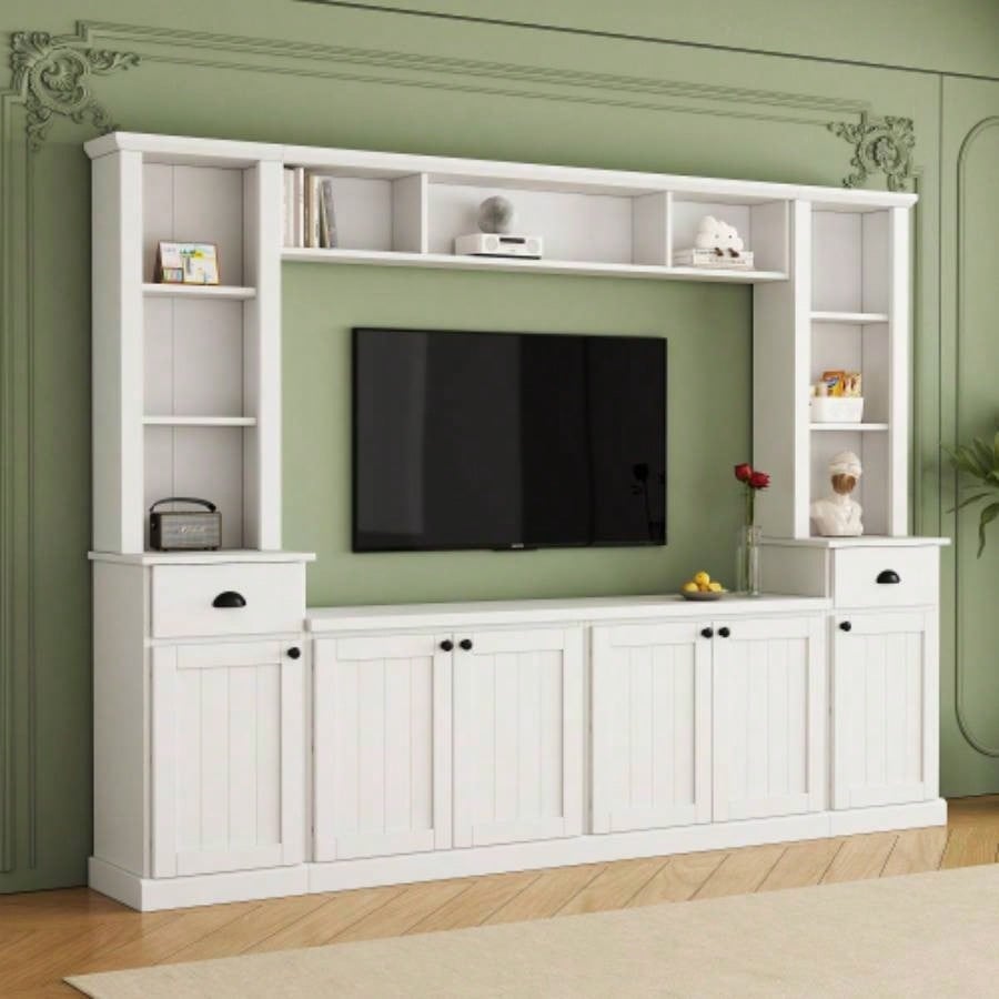 ON - TREND Minimalist Entertainment Wall Unit Set with Bridge TVs Up to 75 Ample Storage Space TV Stand with Adjustable Shelves, Modernist Large Media Console Living Room, Black