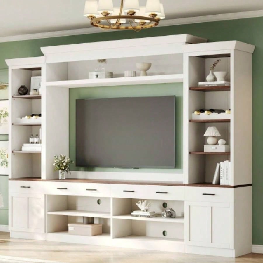 ON - TREND Minimalist Entertainment Wall Unit Set with Bridge TVs Up to 75 Ample Storage Space TV Stand with Adjustable Shelves, Modernist Large Media Console Living Room, Black