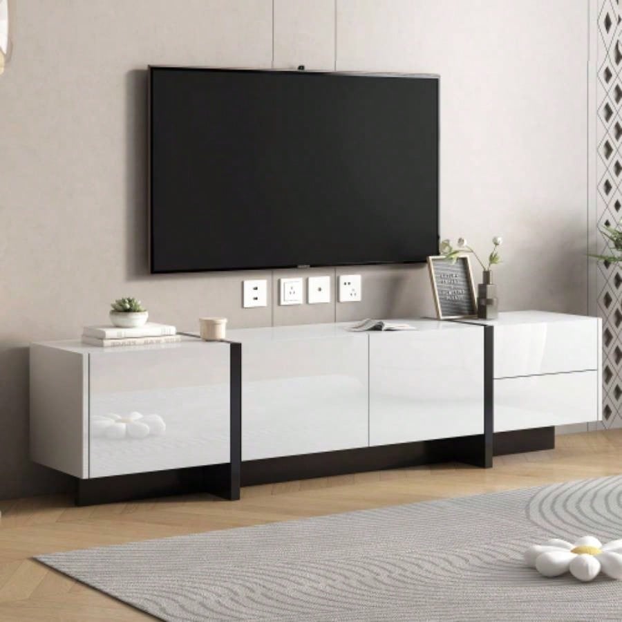 VIDEO provided ON - TREND White Black Contemporary Rectangle Design TV Stand, Unique Style TV Console Table TVs Up to 80 Modern TV Cabinet with High Gloss Surface Living Room.