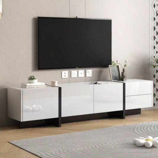 VIDEO provided ON - TREND White Black Contemporary Rectangle Design TV Stand, Unique Style TV Console Table TVs Up to 80 Modern TV Cabinet with High Gloss Surface Living Room.