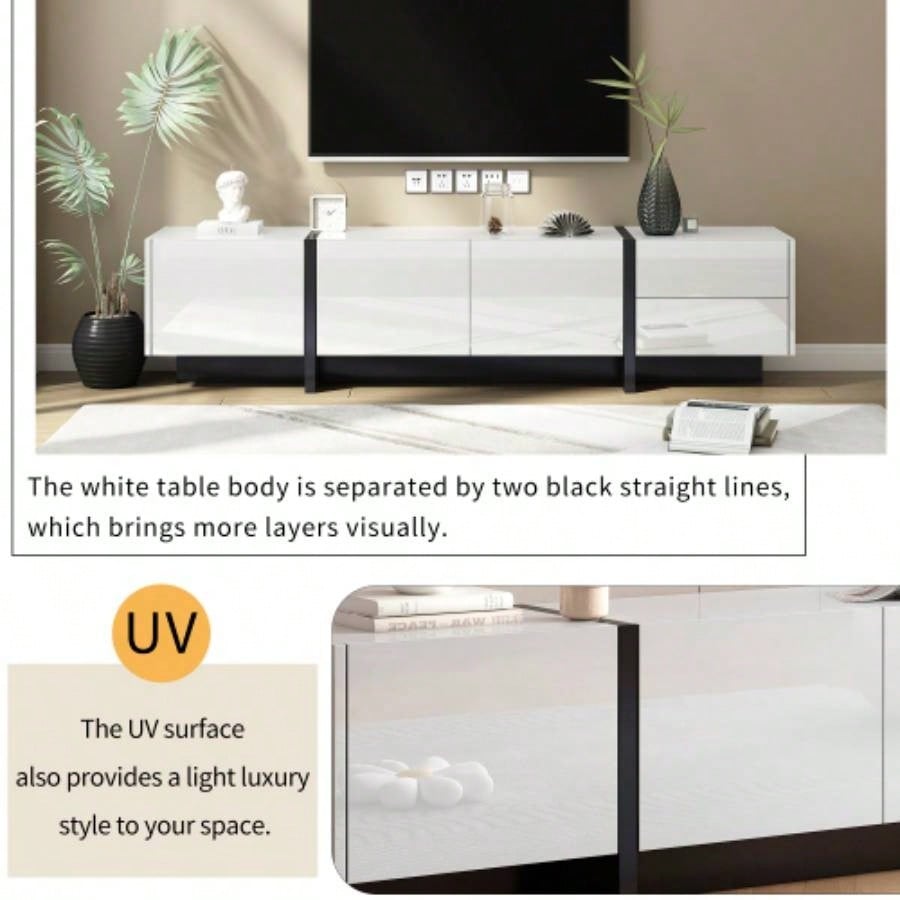 VIDEO provided ON - TREND White Black Contemporary Rectangle Design TV Stand, Unique Style TV Console Table TVs Up to 80 Modern TV Cabinet with High Gloss Surface Living Room.